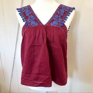 J. Crew embroidered Pom Pom boho tank top blouse wine and blue size 6